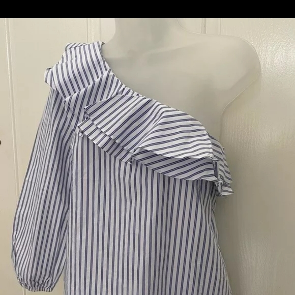 NEW wTag-Women’s J.CREW Blue/White Striped One-Shoulder Shirt Sz 8 - Picture 5 of 13